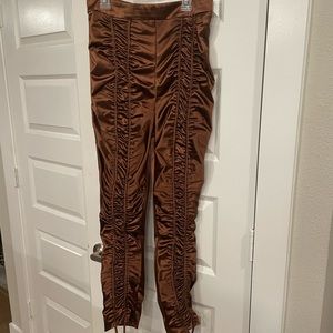 brown satin ruched pants